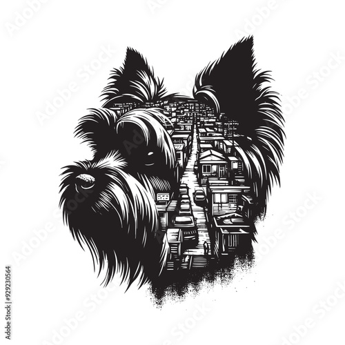 silhouette of Yorkshire Terrier, filled with ghetto street in rough drawing,