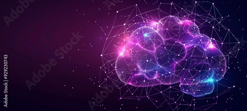 Abstract Brain With Glowing Polygons, Dots, And Lines On A Dark Blue And Purple Background.