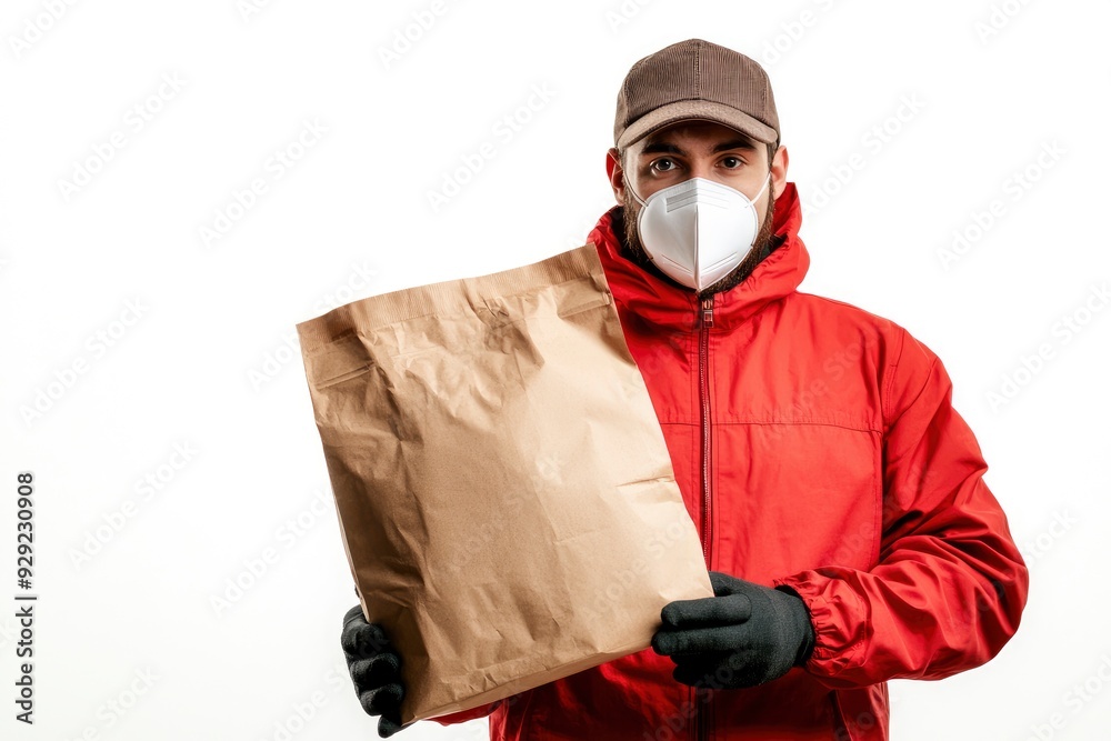 Delivery man holding paper bag with food on white background, food delivery man in protective mask with generative ai Delivery man holding paper bag with food on white background, food delivery man in protective mask with generative ai