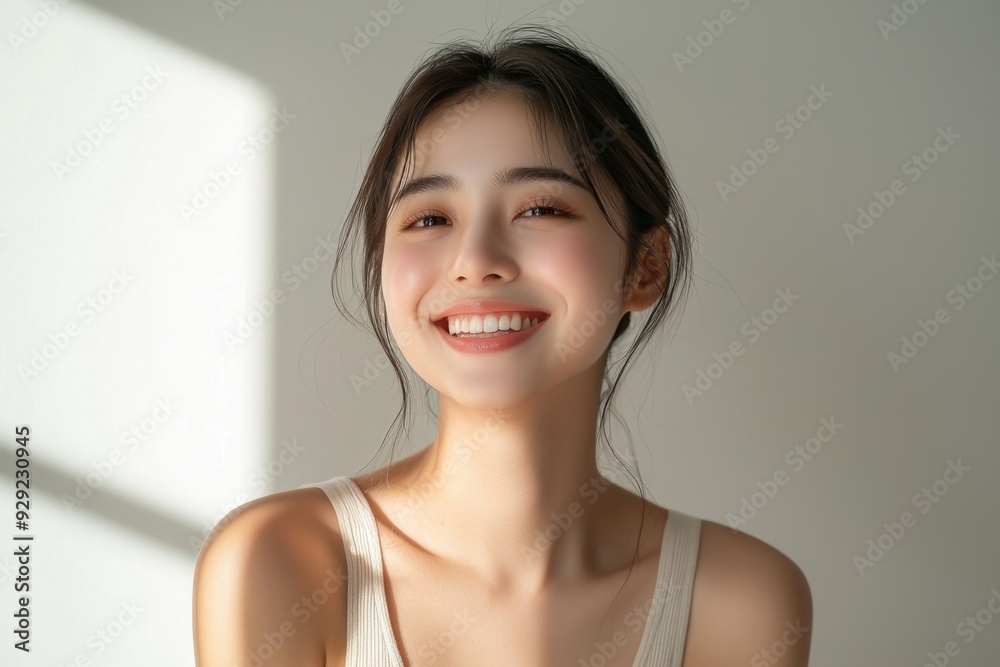 Beautiful young Asian woman smiling and happy created with Generative AI Beautiful young Asian woman smiling and happy created with Generative AI