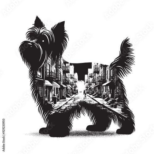 silhouette of Yorkshire Terrier, filled with ghetto street in rough drawing,