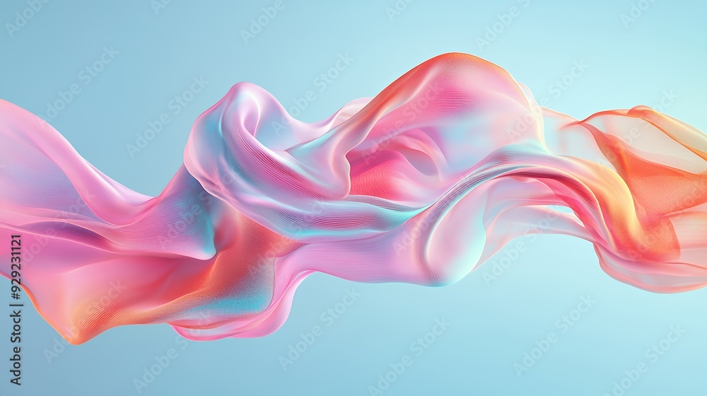 A flowing, colorful fabric wave against a soft blue background, creating a serene visual effect. A flowing, colorful fabric wave against a soft blue background, creating a serene visual effect.