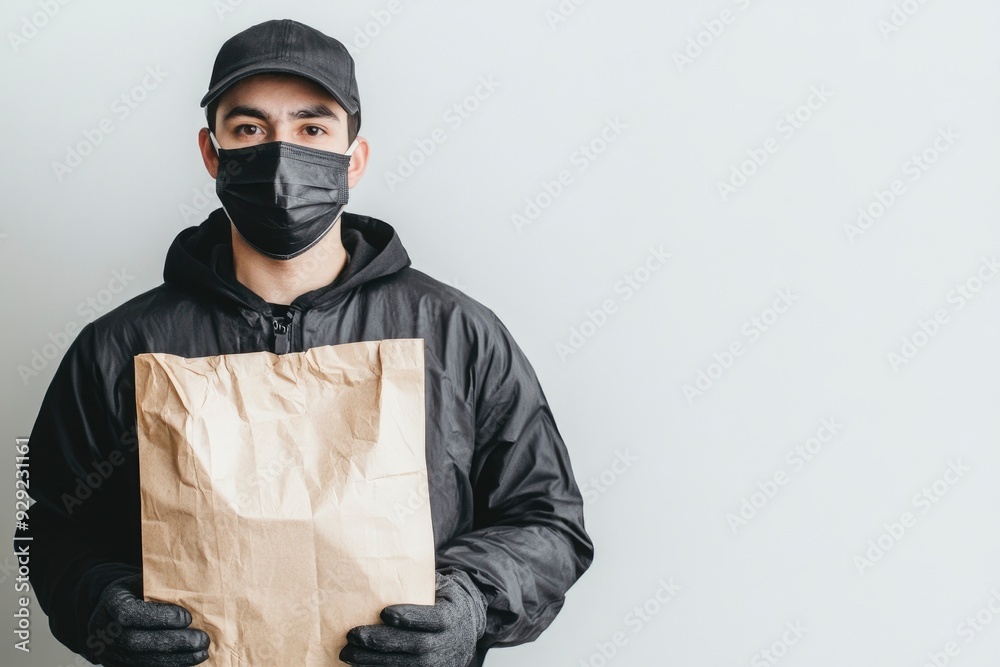 Delivery man holding paper bag with food on white background, food delivery man in protective mask with generative ai Delivery man holding paper bag with food on white background, food delivery man in protective mask with generative ai