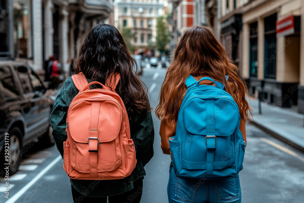 Two students back to school with school backpacks Two students back to school with school backpacks