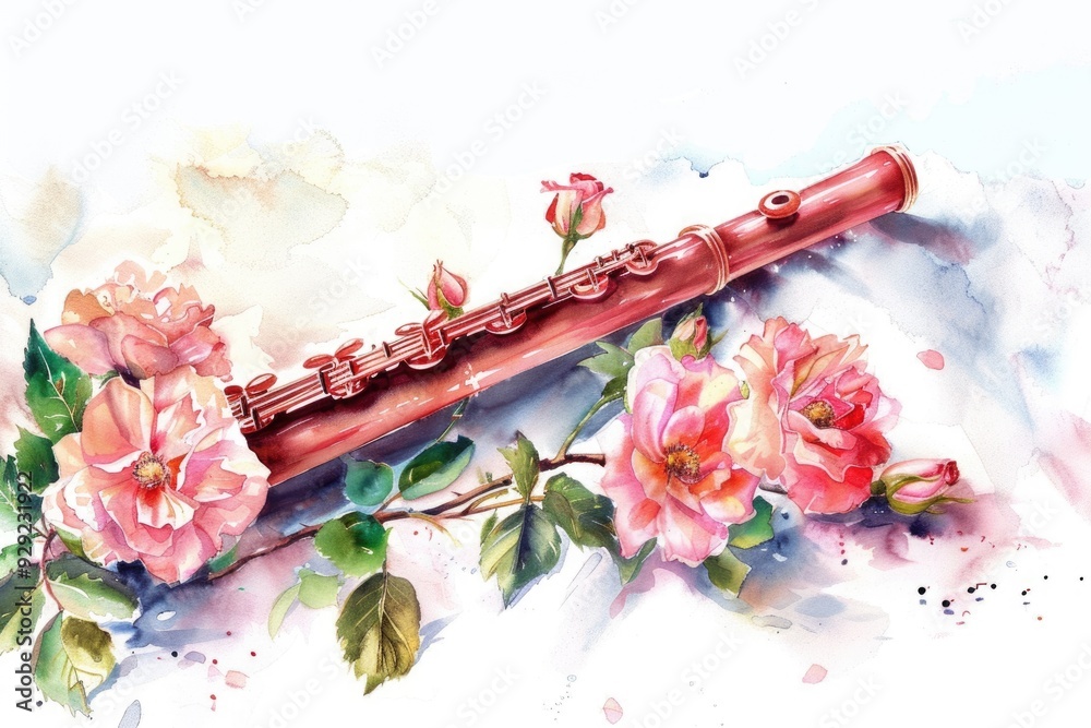 Romantic Melody: Pan Flute and Rose Flowers in Watercolor Illustration