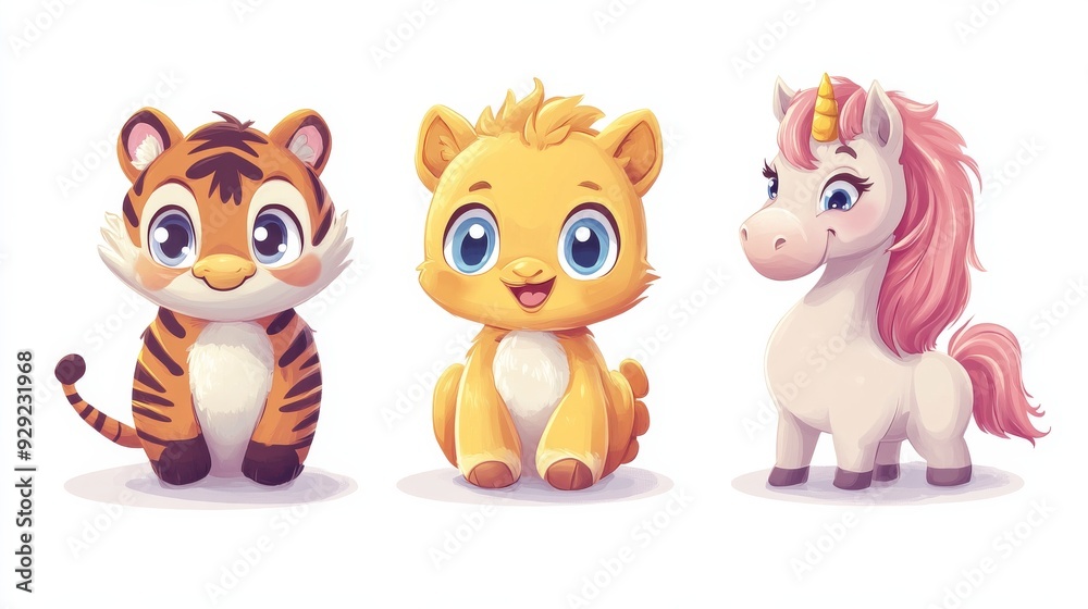 Obraz premium Cute cartoon baby animals posing: tiger cub, lion cub and unicorn
