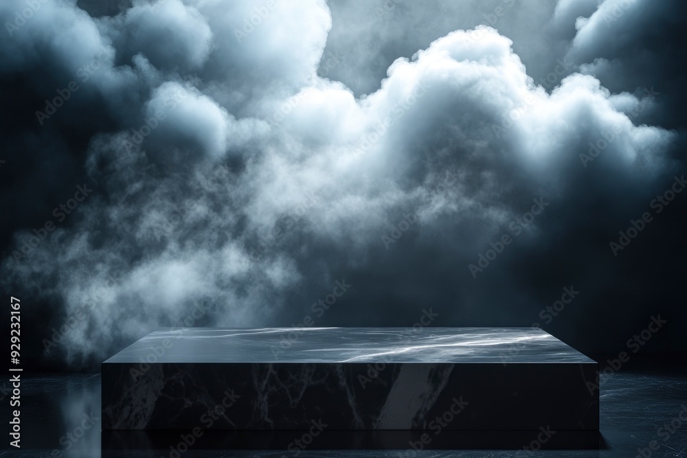 Dramatic clouds above a dark, reflective marble slab bathed in a glowing light, creating a surreal and ethereal atmosphere. with generative ai Dramatic clouds above a dark, reflective marble slab bathed in a glowing light, creating a surreal and ethereal atmosphere. with generative ai