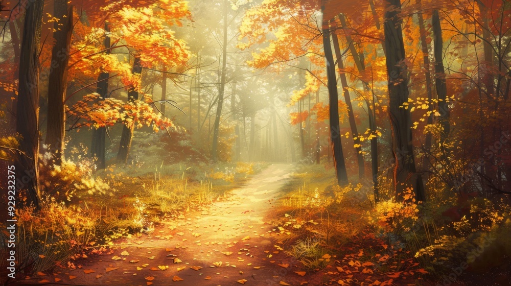 Fototapeta premium A peaceful pathway winds through a forest filled with golden autumn leaves illuminated by soft morning light.