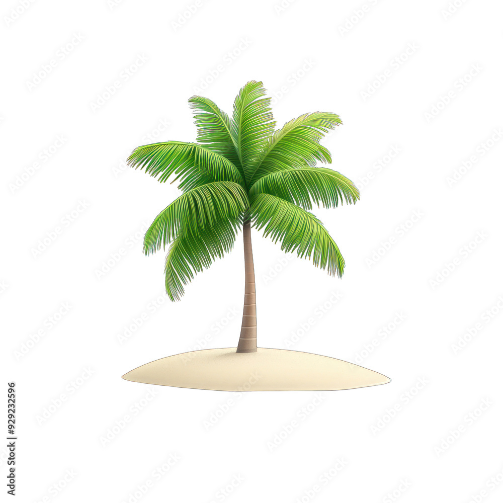 Fototapeta premium A vibrant palm tree on a sandy island, perfect for tropical scenes, relaxation, and beach-themed projects. transparent background
