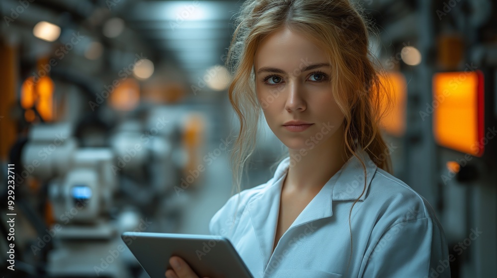 Portrait of a Female Engineer Holding a Tablet in an Advanced Manufacturing Facility, Showcasing Precision and Modern Technology in the Industry Portrait of a Female Engineer Holding a Tablet in an Advanced Manufacturing Facility, Showcasing Precision and Modern Technology in the Industry