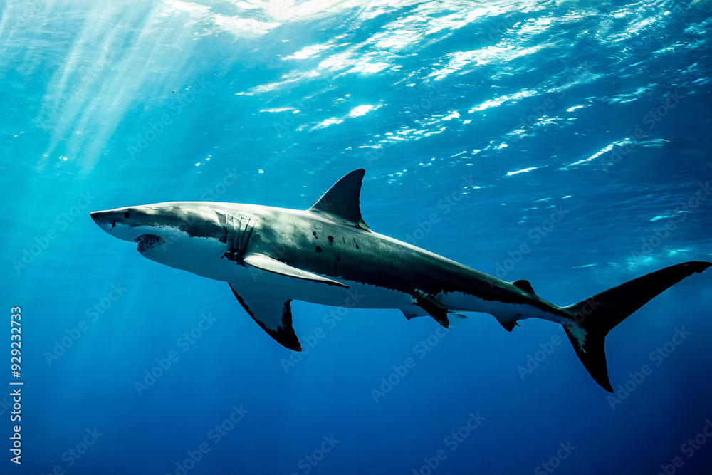 Fototapeta premium Great white shark view in depth of sea; clear turquoise waters