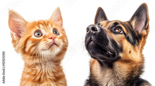 isolated domestic animal friends looking up: ginger cat and german shepherd dog on white background