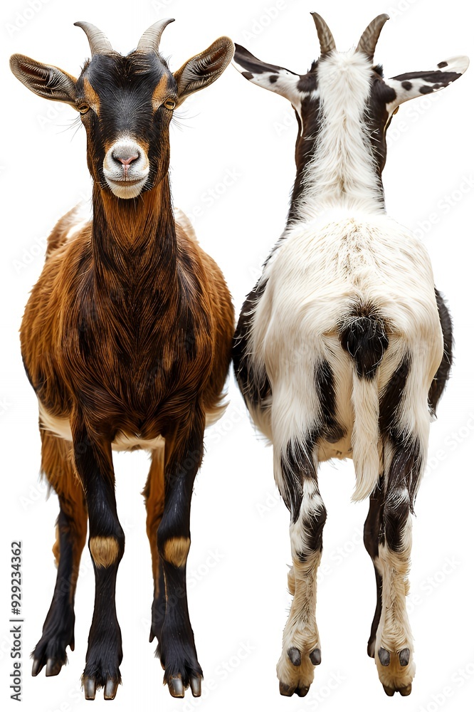 Fototapeta premium A front and back view of two goats, showcasing their distinct colors and features.