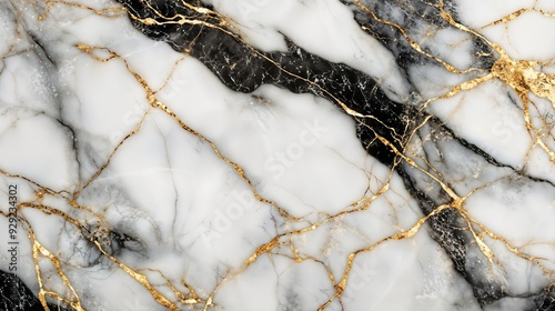 A close-up of luxurious white and black marble with striking gold veins, highlighting the elegance of natural stone materials. 