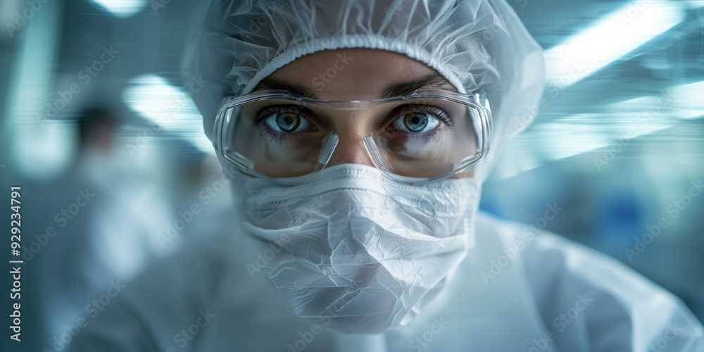 scientist wearing full protective gear, the blurred background a sterile laboratory environment, the precision and caution in scientific research medical work. Determination and professionalism. scientist wearing full protective gear, the blurred background a sterile laboratory environment, the precision and caution in scientific research medical work. Determination and professionalism.