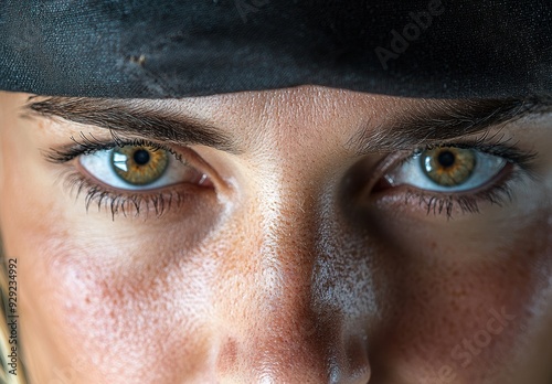 Intense gaze of a person with striking hazel eyes