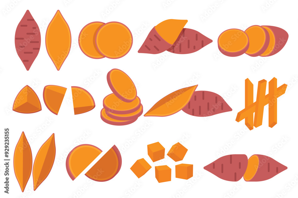 Set of Sweet Potato, Farm fresh Sweet Potato product emblem for grocery shop, Slides, long and cross sections, and different positions, simple flat vector illustration of vegetables and fruits. Set of Sweet Potato, Farm fresh Sweet Potato product emblem for grocery shop, Slides, long and cross sections, and different positions, simple flat vector illustration of vegetables and fruits.