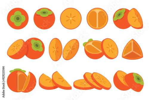 Set of orange Persimmon, Farm fresh Persimmon product emblem for grocery shop, Slides, long and cross sections, and different positions, simple flat vector illustration of vegetables and fruits.