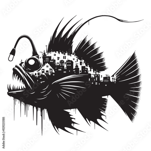 silhouette of Anglerfish filled with ghetto street in rough drawing
