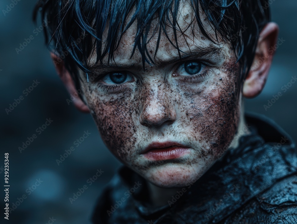 Intense gaze of a young boy with striking blue eyes Intense gaze of a young boy with striking blue eyes