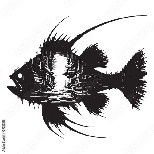 silhouette of Anglerfish filled with destroyed futuristic dystopia environment in rough drawing
