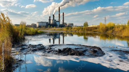 A factory releases harmful waste into the river, affecting the water quality and surrounding environment photo