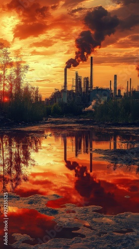 A factory discharges toxic waste into a river, reflecting the dramatic sunset and smoke from chimneys