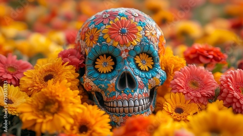 Colorful sugar skull surrounded by cempasuchil flowers for day of the dead celebration