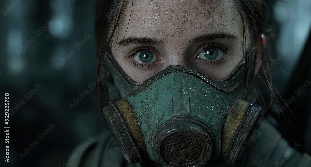 Intense eyes of a person wearing a gas mask