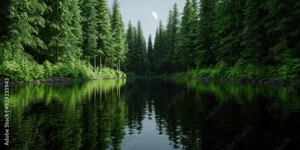 serene forest lake with moon reflection serene forest lake with moon reflection