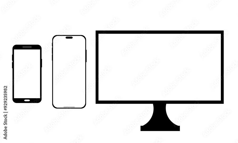 Device mockup template. Set of computer monitor, computer, laptop, phone, tablet isolated on green background. Flat vector illustration. Flat design devices icons Device mockup template. Set of computer monitor, computer, laptop, phone, tablet isolated on green background. Flat vector illustration. Flat design devices icons