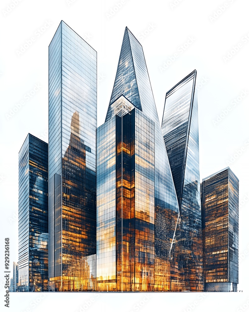 Fototapeta premium A futuristic cityscape featuring tall, glass skyscrapers with a modern design.