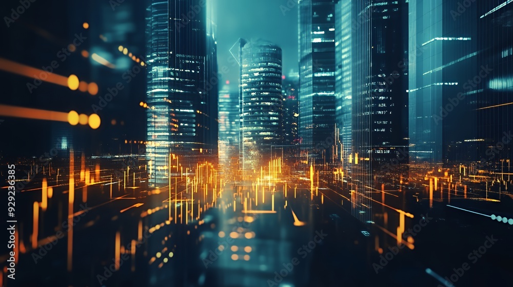 Fototapeta premium A futuristic cityscape illuminated by vibrant orange lights and digital elements.