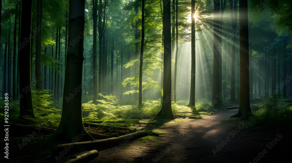 Naklejka premium light shining into the green woods