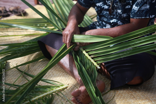 Fijian traditional basket weaving from palm leaves, men's basket demonstration, Fiji