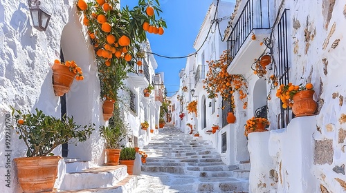 Fototapeta Naklejka Na Ścianę i Meble -    Narrow street featuring potted plants and orange trees lining both sides