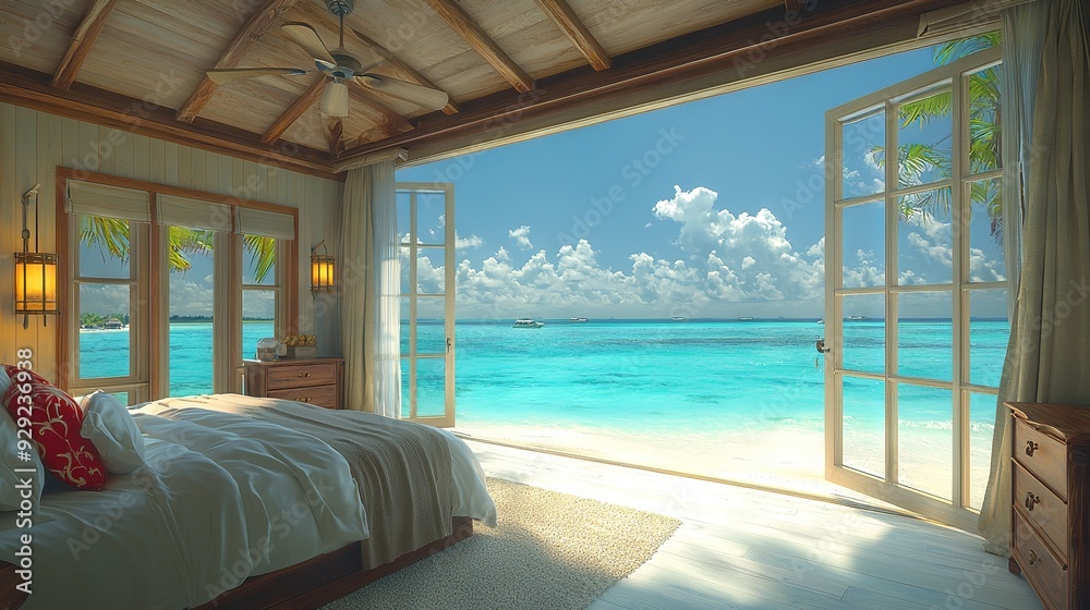 Fototapeta premium Bedroom has a sunny view of the ocean with an open window and a sitting bed nearby