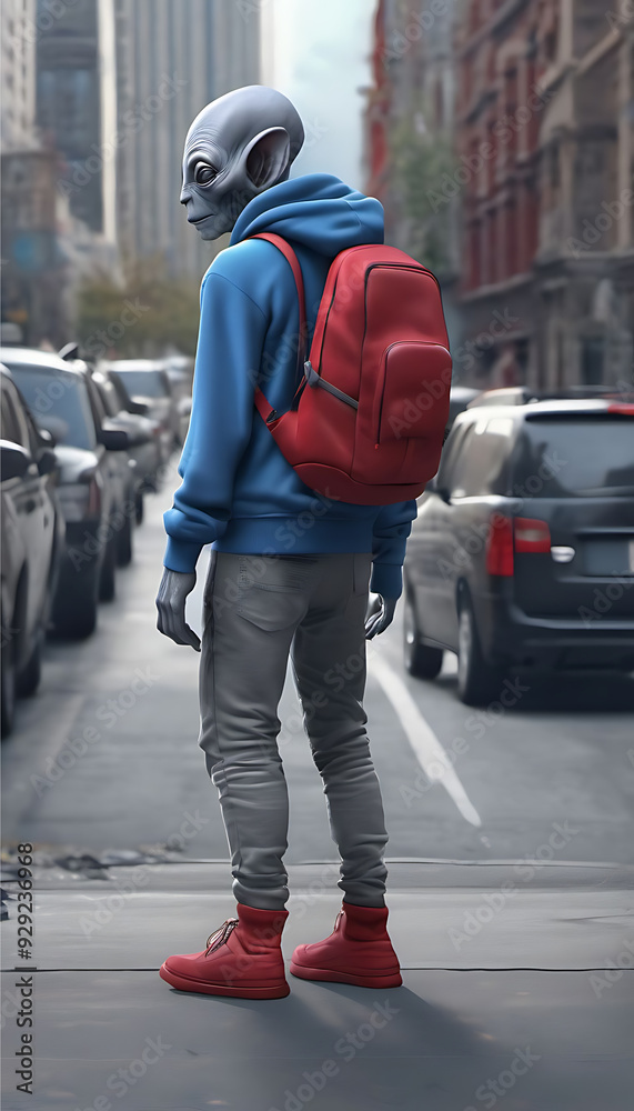 alien hipster wearing a hoodie sunglasses and backpack on urban city street alien hipster wearing a hoodie sunglasses and backpack on urban city street