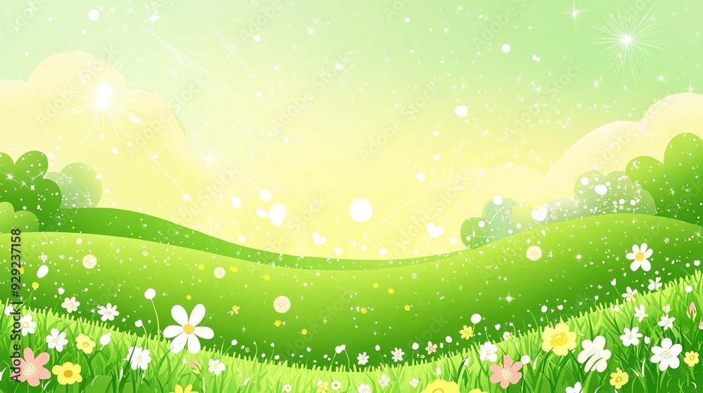 A green field with flowers and trees under the sun on a starry night A green field with flowers and trees under the sun on a starry night