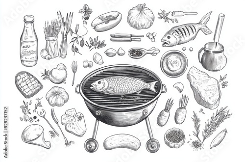Barbecue elements, grilled fish surrounded by different ingredients such as vegetables, spices, meat and beer, hand drawn vector illustration, white background, simple line art, ink drawing, detailed