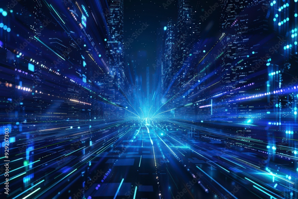 Naklejka premium A futuristic cityscape with light trails suggesting speed and technology.