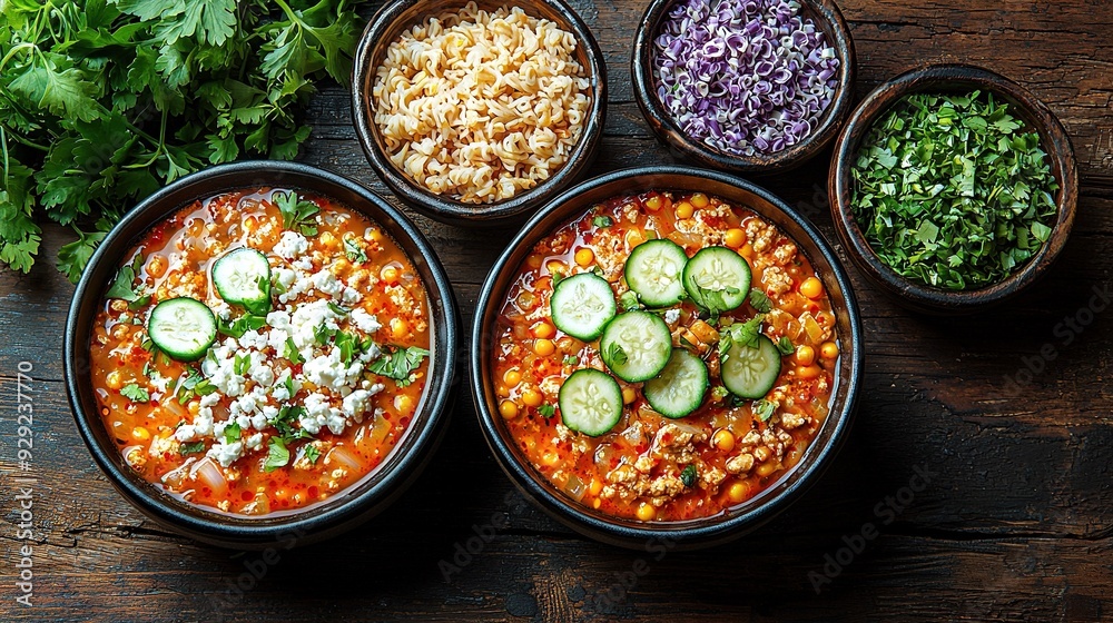 A table topped with bowls of various foods, including rice, beans, and cucumbers A table topped with bowls of various foods, including rice, beans, and cucumbers