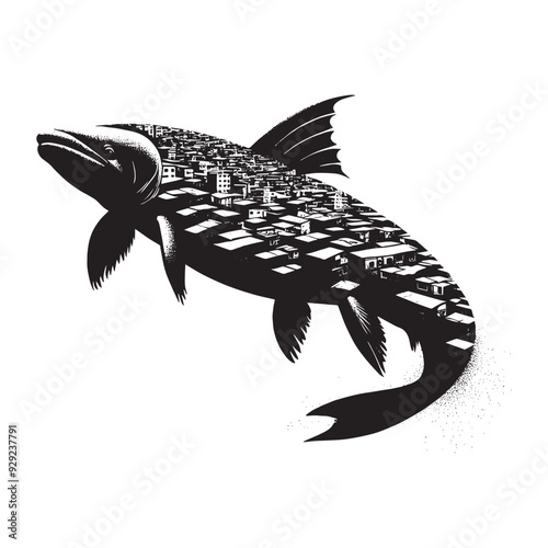 silhouette of Arapaima filled with ghetto street in rough drawing
