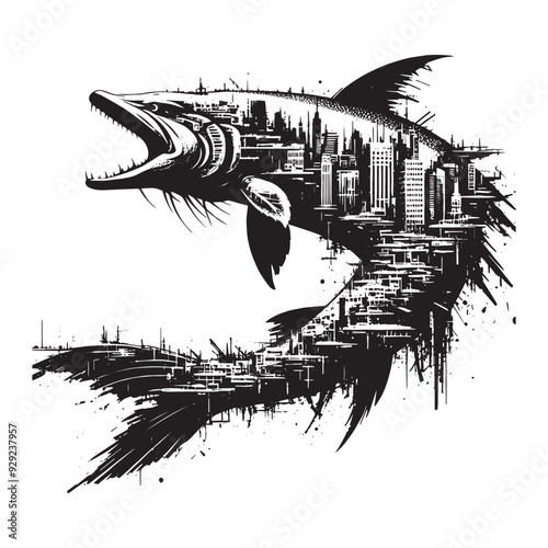 silhouette of Arapaima filled with destroyed futuristic dystopia environment in rough drawing