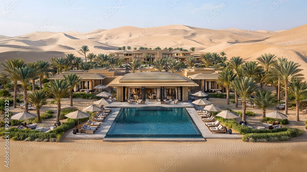 Fototapeta premium resort with pool surrounded by palm trees, lounges in foreground, sand dunes in background
