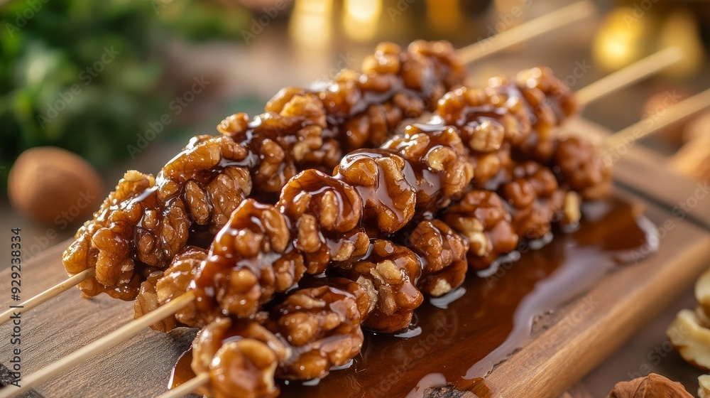A string of walnuts soaked in grape molasses starch.Sujuk made of walnuts.'Cevizli sucuk' is the name in Turkish.Different varieties of walnut sujuk.
