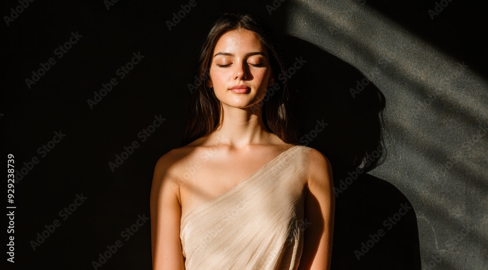 Fototapeta premium woman in beige dress with eyes closed