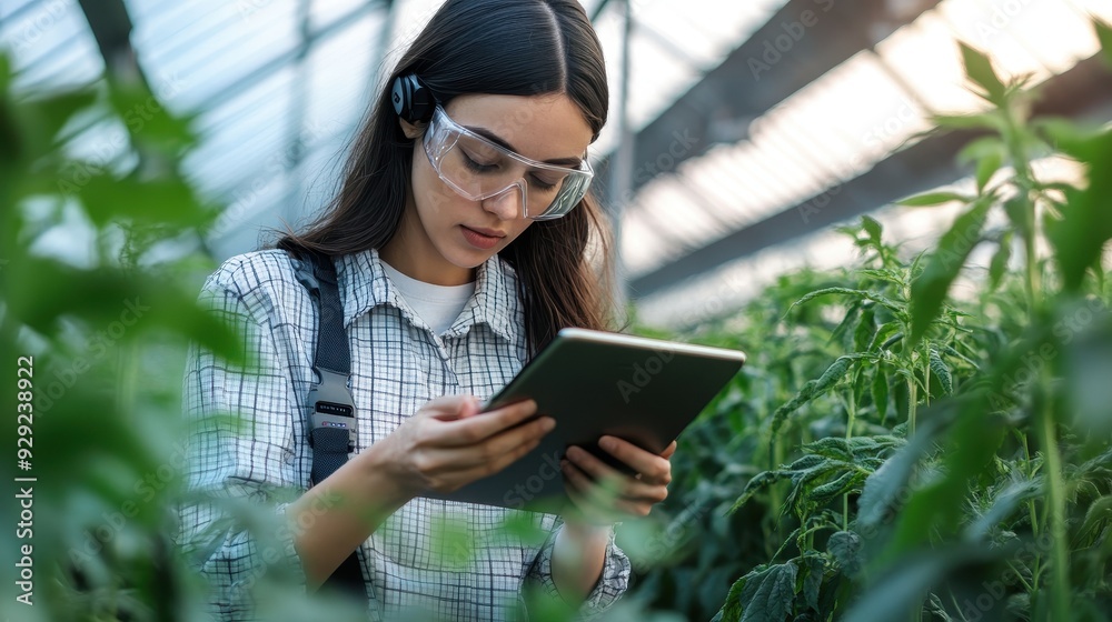 A scientist reviews data from sensors while working among thriving plants in a greenhouse A scientist reviews data from sensors while working among thriving plants in a greenhouse