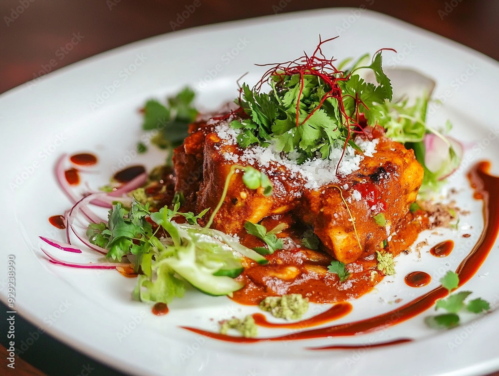 Gourmet Cuisine: Exquisite Plating of Savory Dish with Artistic Sauce Drizzle and Fresh Herbs.