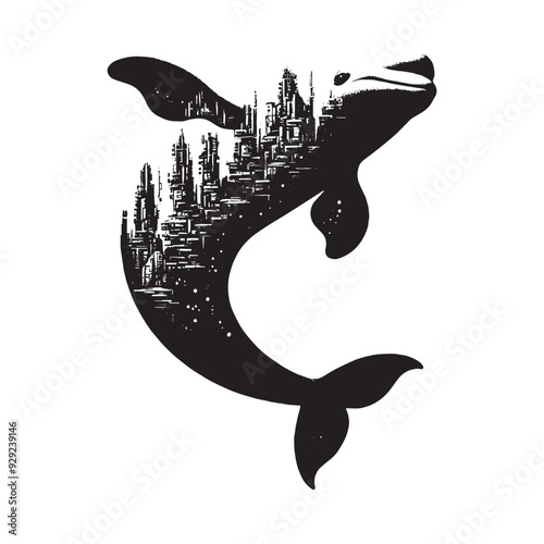 silhouette of Beluga filled with destroyed futuristic dystopia environment in rough drawing